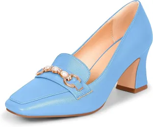 100FIXEO Women's Block Heel Loafers Square Toe Slip-on Pearl Chain Pumps Comfortable Office Shoes