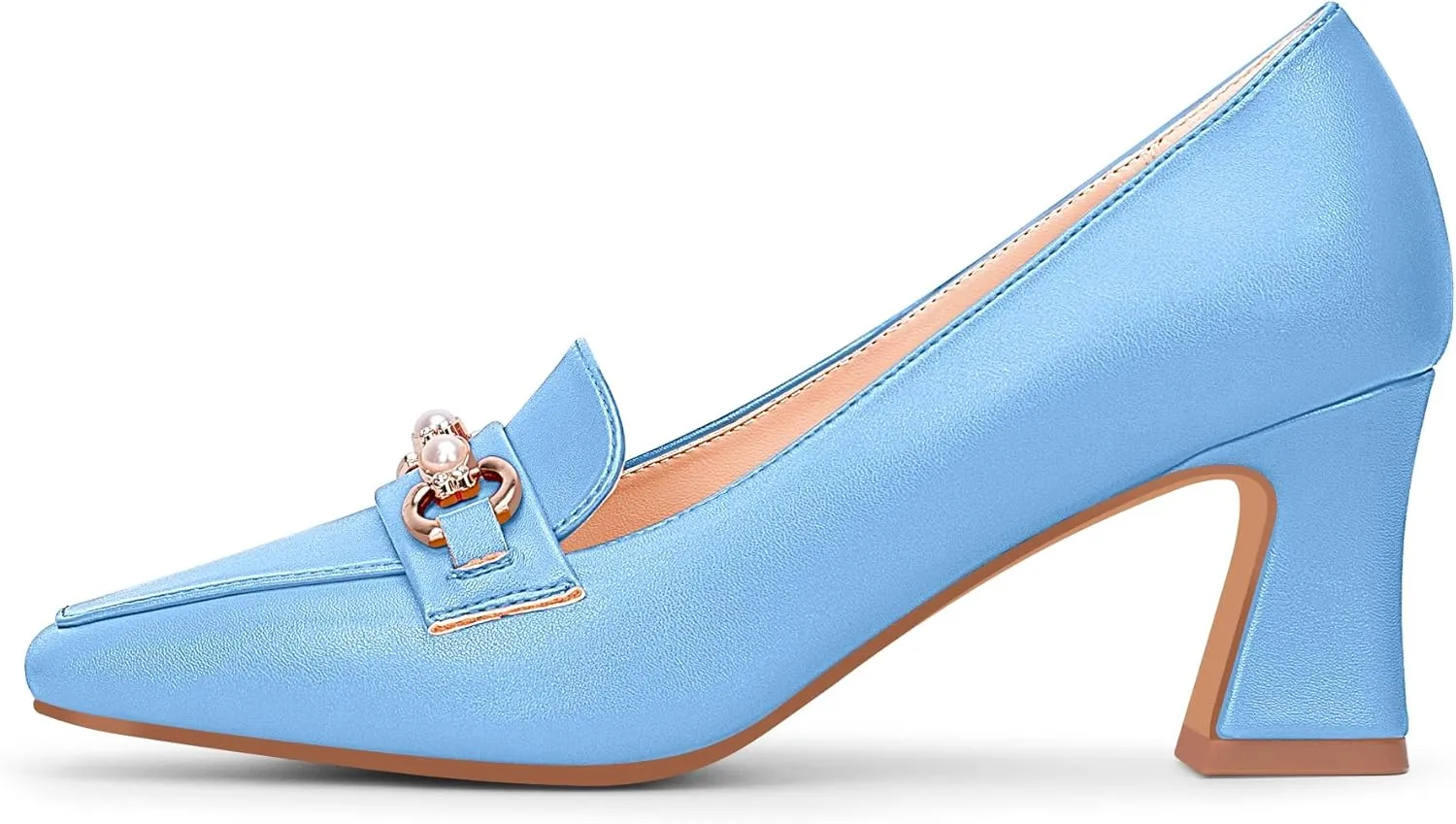 100FIXEO Women's Block Heel Loafers Square Toe Slip-on Pearl Chain Pumps Comfortable Office Shoes
