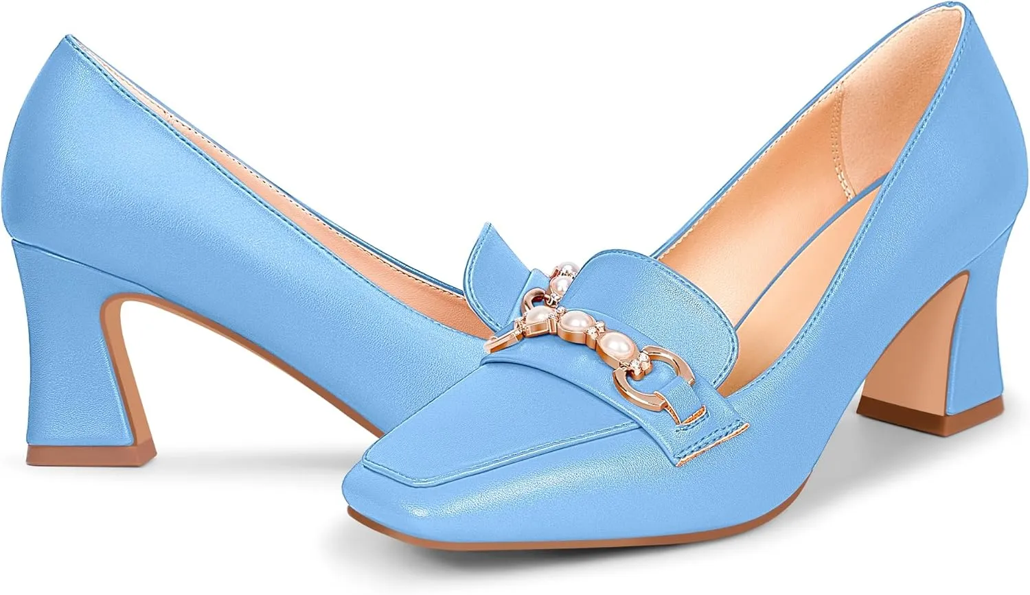 100FIXEO Women's Block Heel Loafers Square Toe Slip-on Pearl Chain Pumps Comfortable Office Shoes
