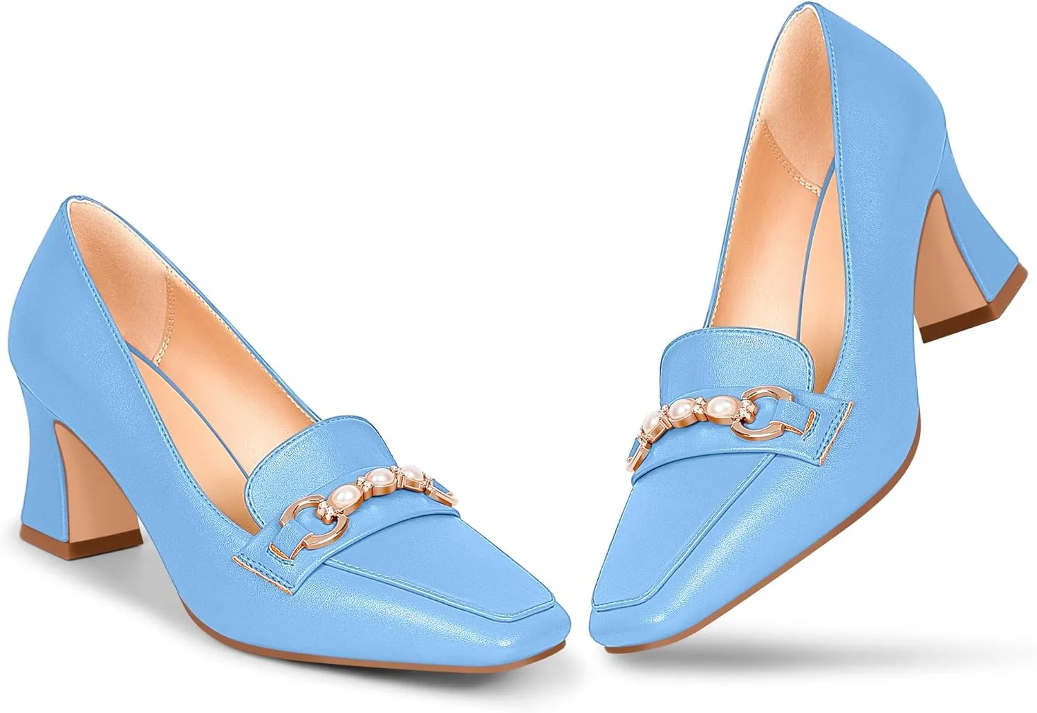 100FIXEO Women's Block Heel Loafers Square Toe Slip-on Pearl Chain Pumps Comfortable Office Shoes