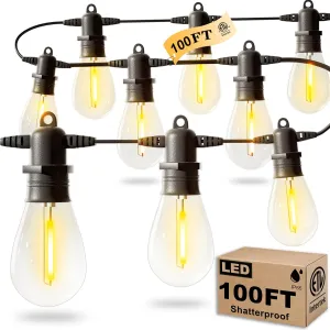 100FT LED Outdoor String Lights with 30 Edison Shatterproof IP65 Waterproof Bulbs, 2700K Dimmable Commercial Grade Patio Lights, Heavy Duty Outside Hanging Light for Garden Porch Deck Decor
