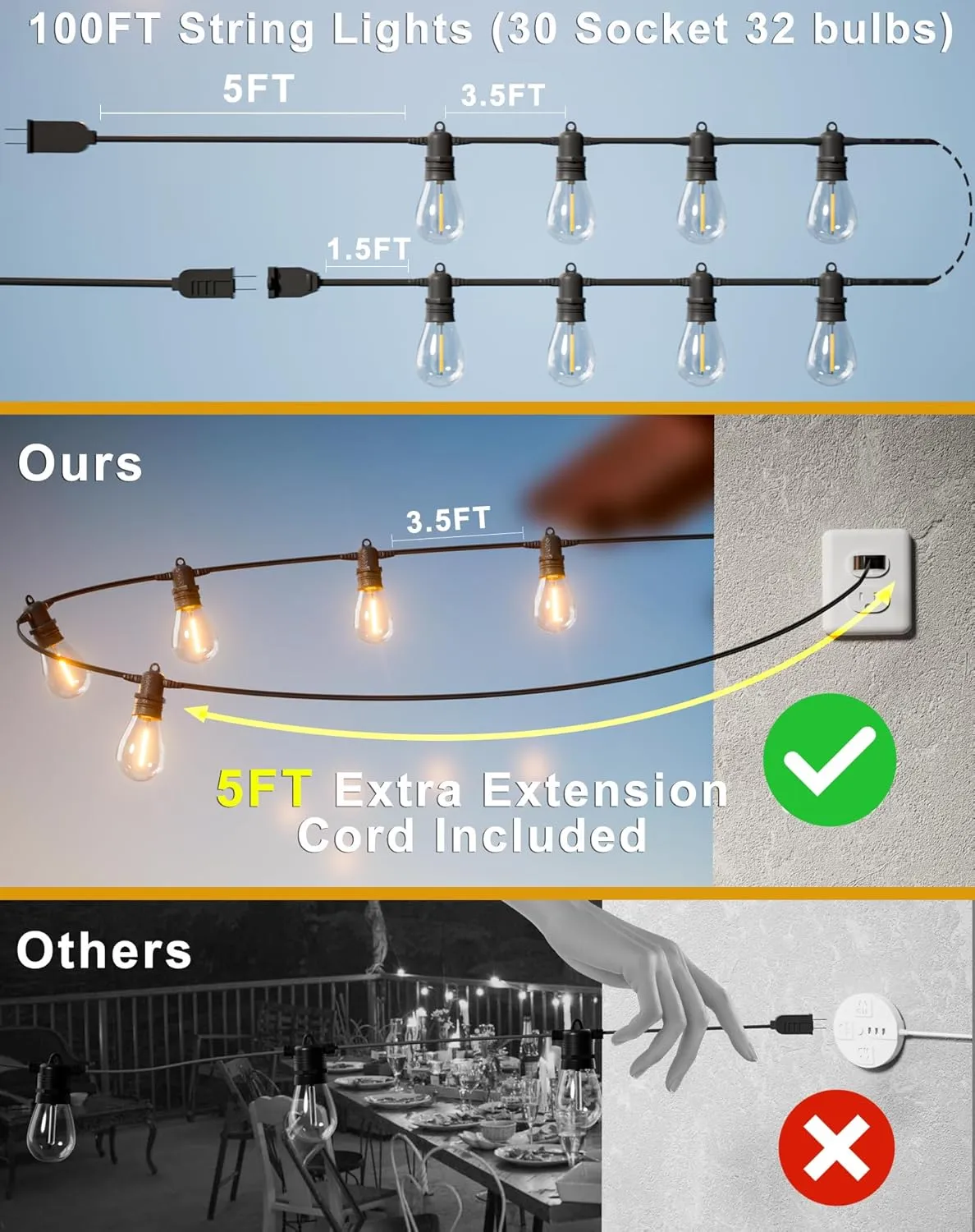 100FT LED Outdoor String Lights with 30 Edison Shatterproof IP65 Waterproof Bulbs, 2700K Dimmable Commercial Grade Patio Lights, Heavy Duty Outside Hanging Light for Garden Porch Deck Decor
