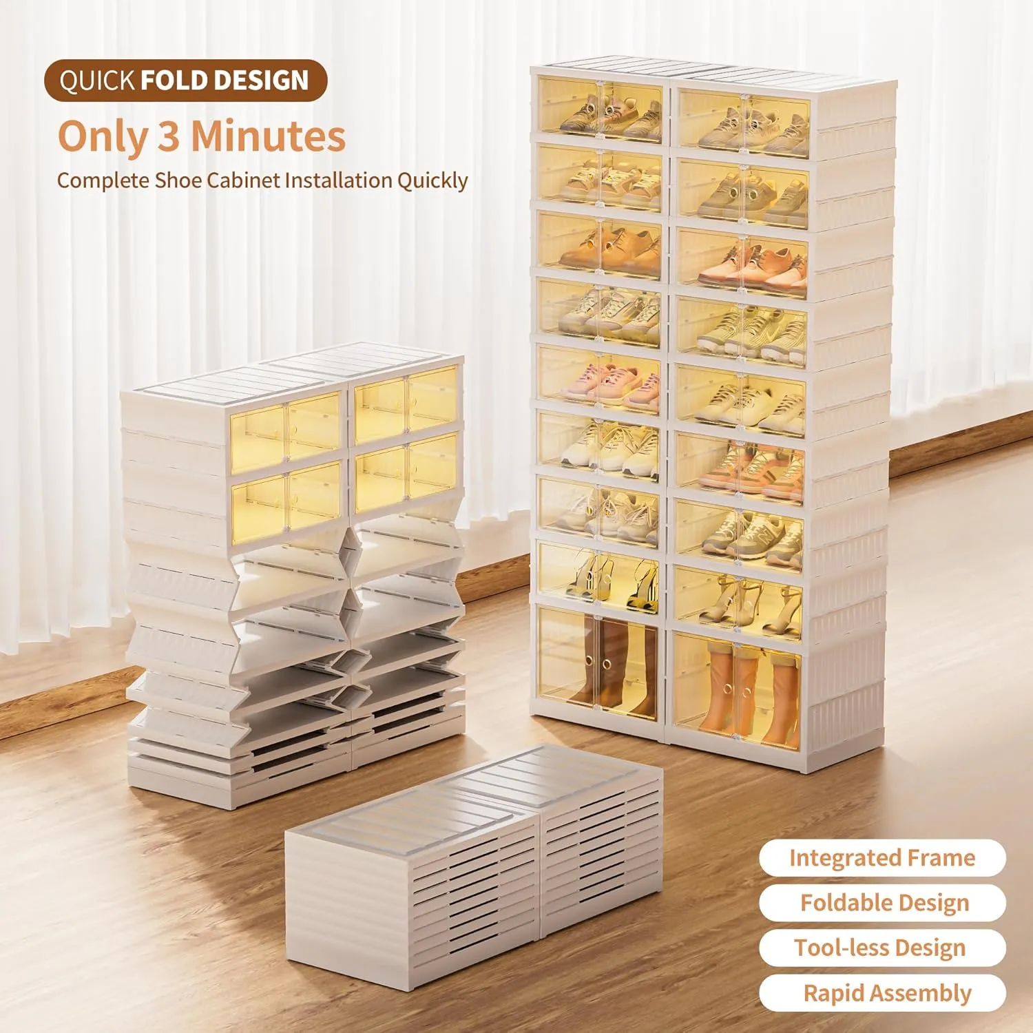 18 Pairs Portable Foldable Shoe Rack for Closet, Easily Assembled Clear Shoe Sneaker Storage Organizer Cabinet with Magnetic Door, Collapsible Closet Organizers and Storage, 9 Layers-18 Grids