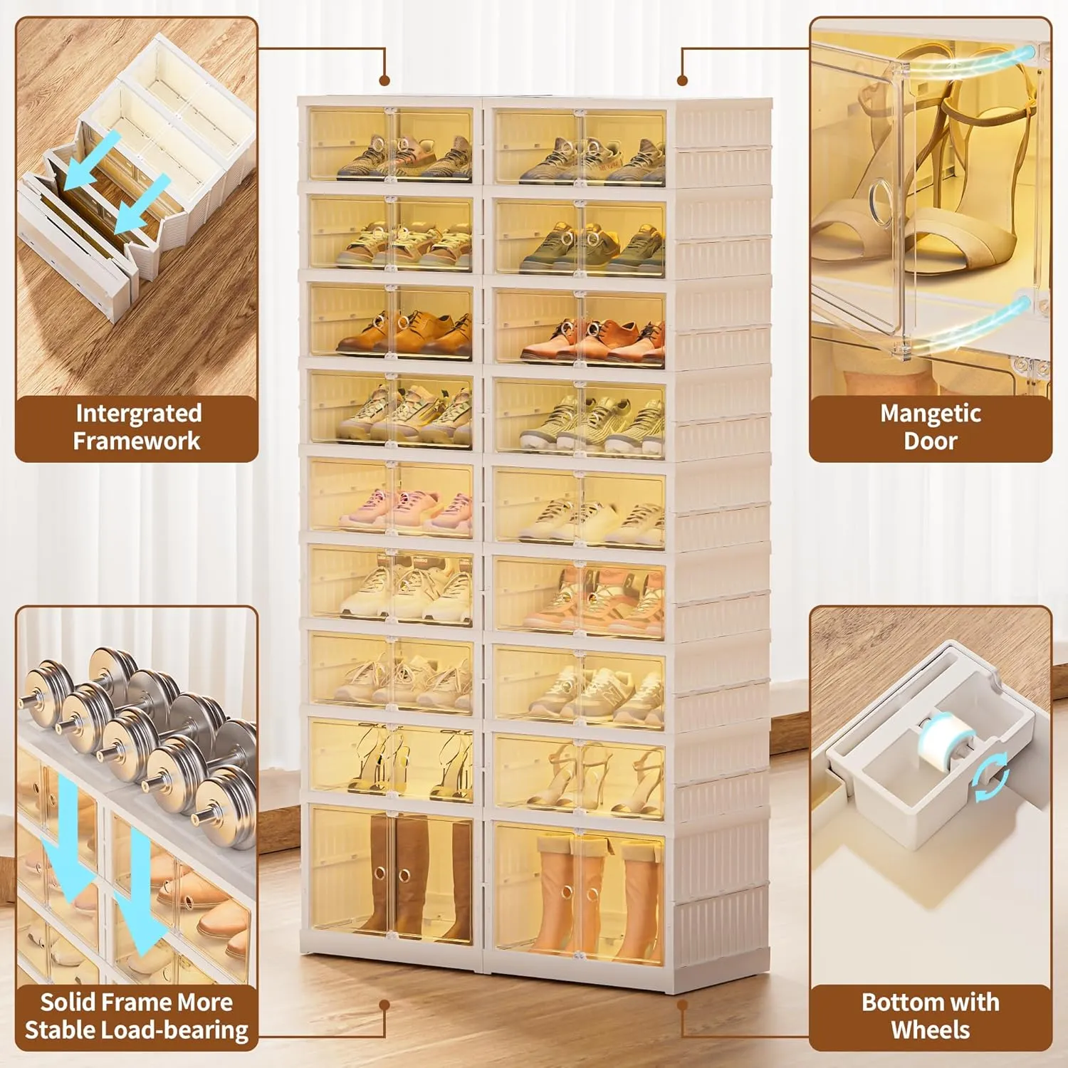 18 Pairs Portable Foldable Shoe Rack for Closet, Easily Assembled Clear Shoe Sneaker Storage Organizer Cabinet with Magnetic Door, Collapsible Closet Organizers and Storage, 9 Layers-18 Grids