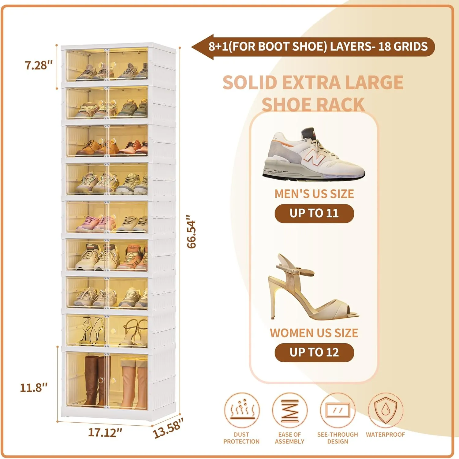 18 Pairs Portable Foldable Shoe Rack for Closet, Easily Assembled Clear Shoe Sneaker Storage Organizer Cabinet with Magnetic Door, Collapsible Closet Organizers and Storage, 9 Layers-18 Grids