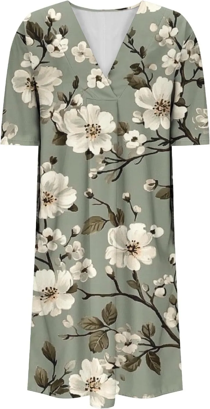 2025 Women's Spring Summer Dresses Funny Fashion Floral Printed Short Sleeve Casual V-Neck Maxi Dress