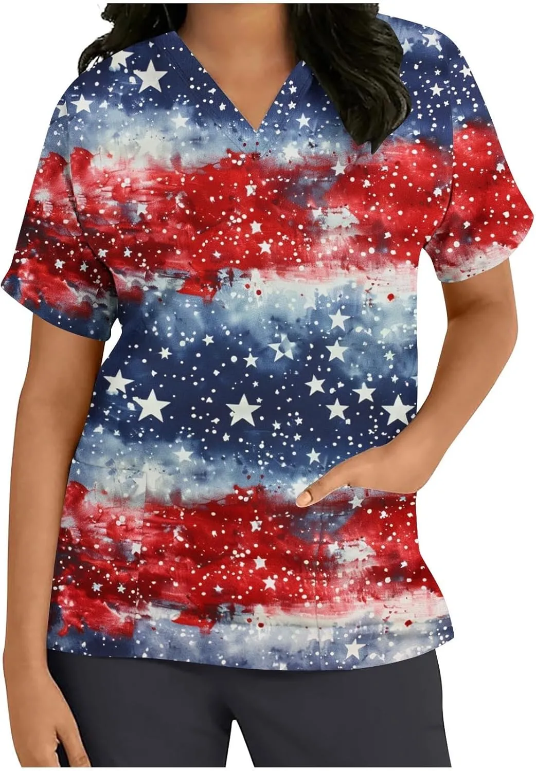 4th of July Shirts for Women Dressy Short Sleeve Flowy Tops Fashion V-Neck Independence Day Graphic Tee Shirts