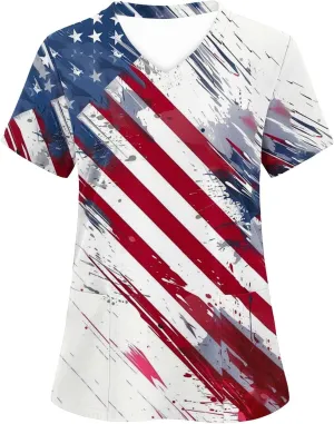 4th of July Shirts for Women Dressy Short Sleeve Flowy Tops Fashion V-Neck Independence Day Graphic Tee Shirts