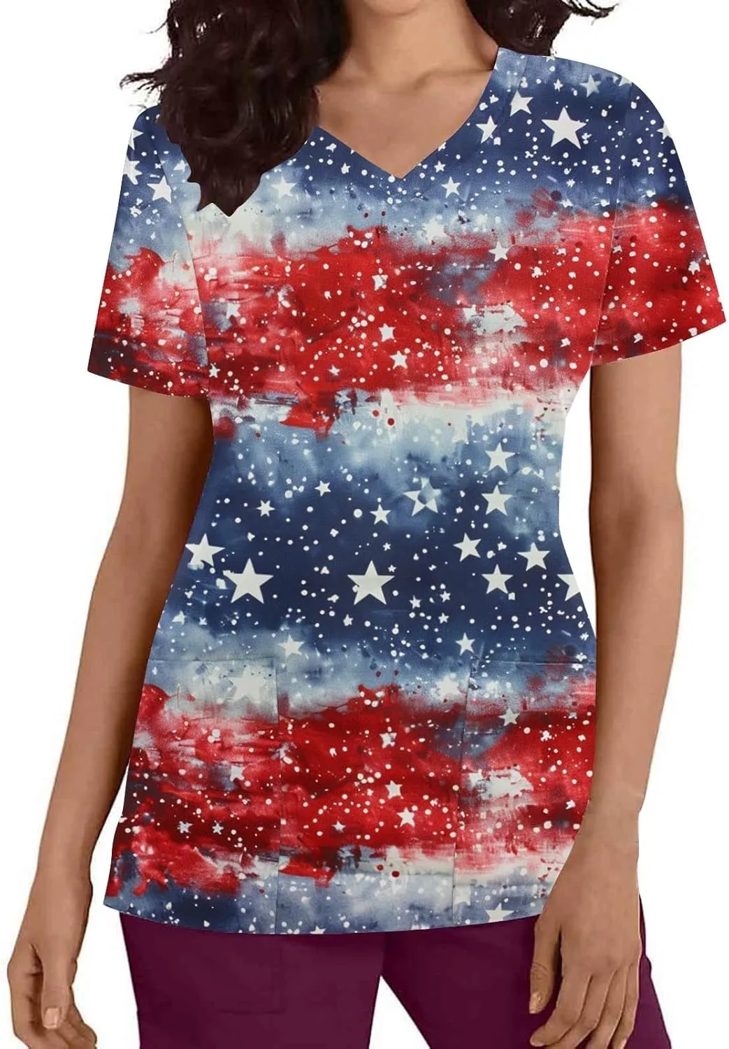 4th of July Shirts for Women Dressy Short Sleeve Flowy Tops Fashion V-Neck Independence Day Graphic Tee Shirts