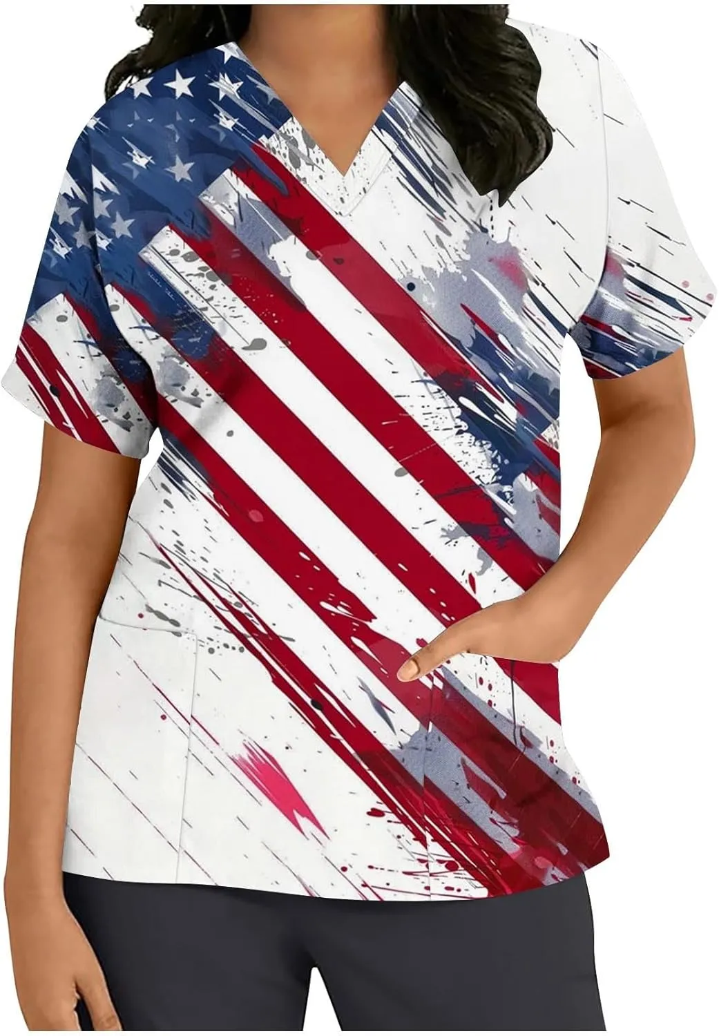 4th of July Shirts for Women Dressy Short Sleeve Flowy Tops Fashion V-Neck Independence Day Graphic Tee Shirts