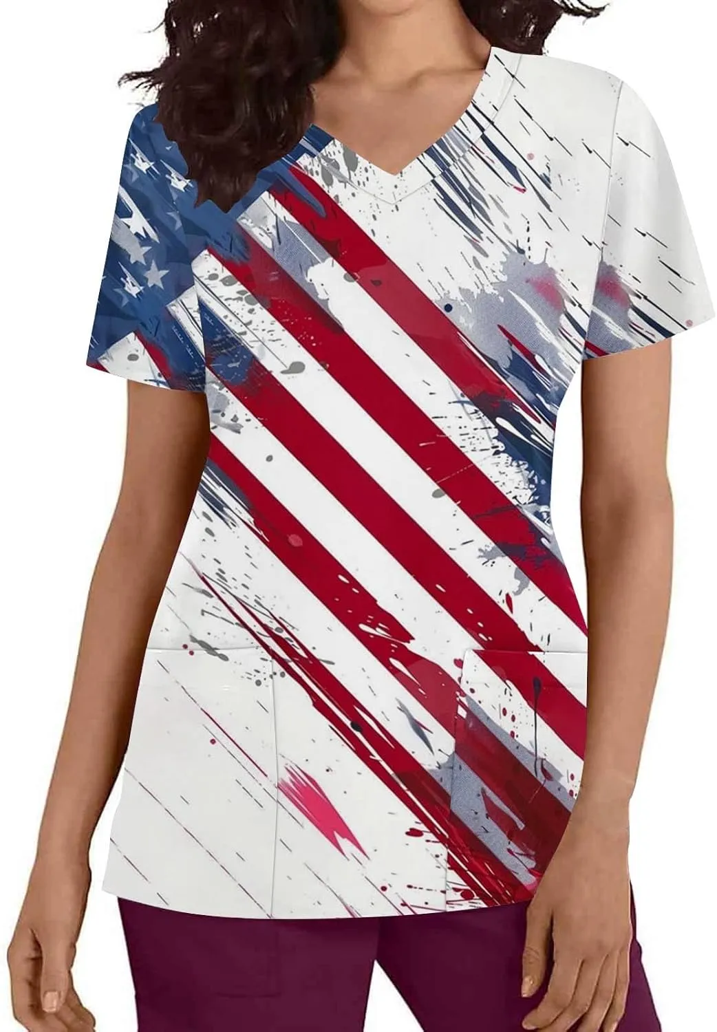 4th of July Shirts for Women Dressy Short Sleeve Flowy Tops Fashion V-Neck Independence Day Graphic Tee Shirts