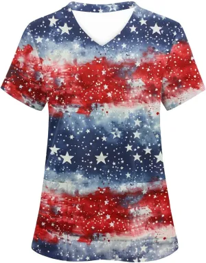 4th of July Shirts for Women Dressy Short Sleeve Flowy Tops Fashion V-Neck Independence Day Graphic Tee Shirts