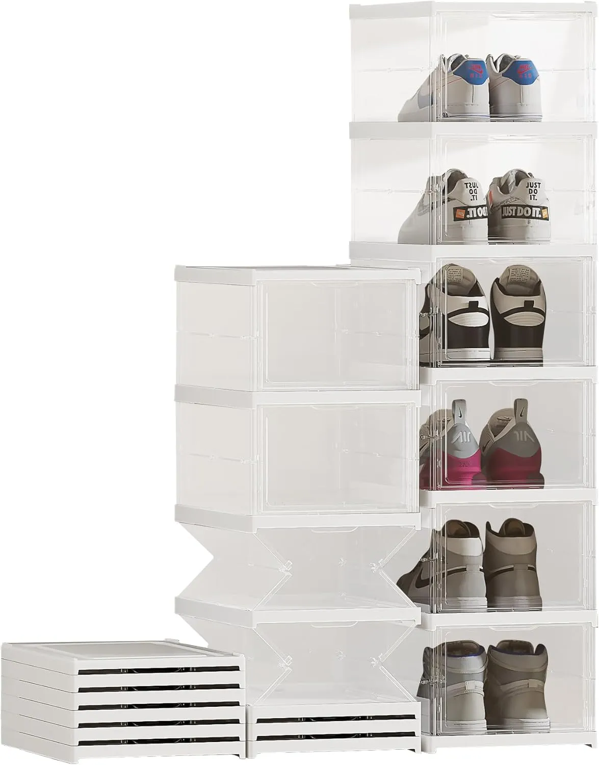 6 Layer Foldable Shoe Storage Organizer, Clear Plastic Stackable Shoe Boxes, Modern Style, Fits US Size 14, 6 Count