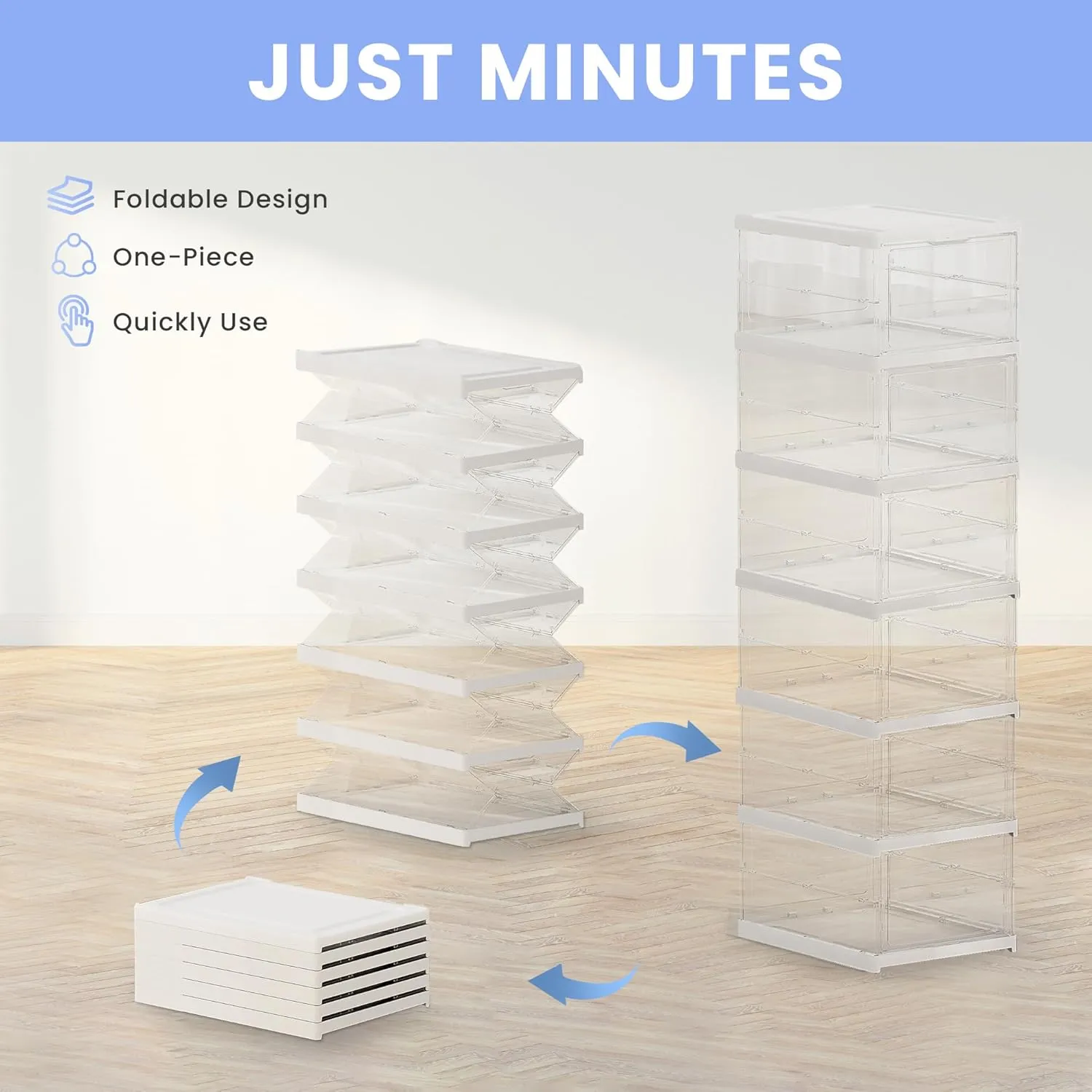 6 Layer Foldable Shoe Storage Organizer, Clear Plastic Stackable Shoe Boxes, Modern Style, Fits US Size 14, 6 Count