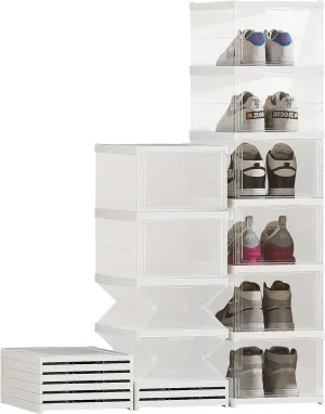 6 Layer Foldable Shoe Storage Organizer, Clear Plastic Stackable Shoe Boxes, Modern Style, Fits US Size 14, 6 Count