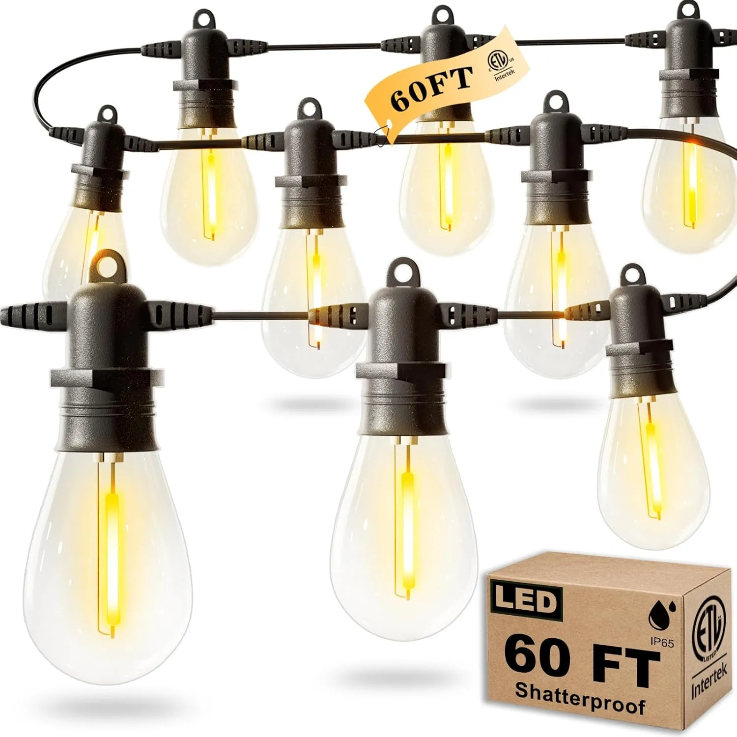 60FT LED Outdoor String Lights with 16 1 Edison Shatterproof IP65 Waterproof Bulbs, 2700K Dimmable Commercial Grade Patio Lights for Garden, Porch, Deck Decor