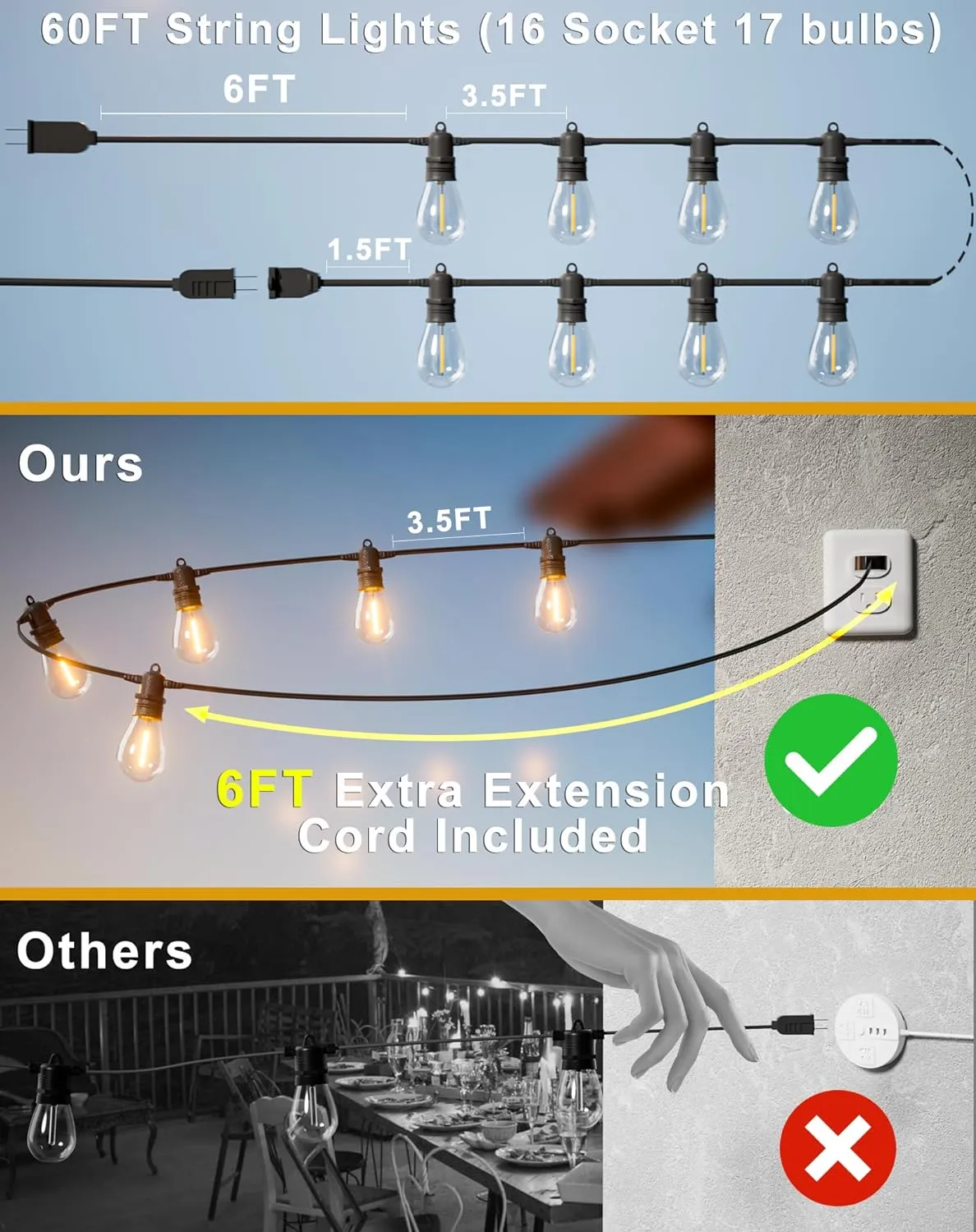 60FT LED Outdoor String Lights with 16 1 Edison Shatterproof IP65 Waterproof Bulbs, 2700K Dimmable Commercial Grade Patio Lights for Garden, Porch, Deck Decor