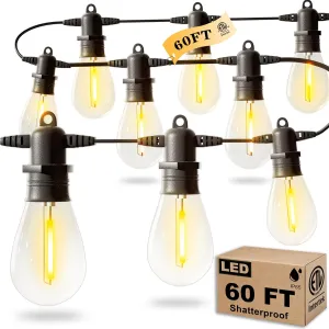 60FT LED Outdoor String Lights with 16 1 Edison Shatterproof IP65 Waterproof Bulbs, 2700K Dimmable Commercial Grade Patio Lights for Garden, Porch, Deck Decor
