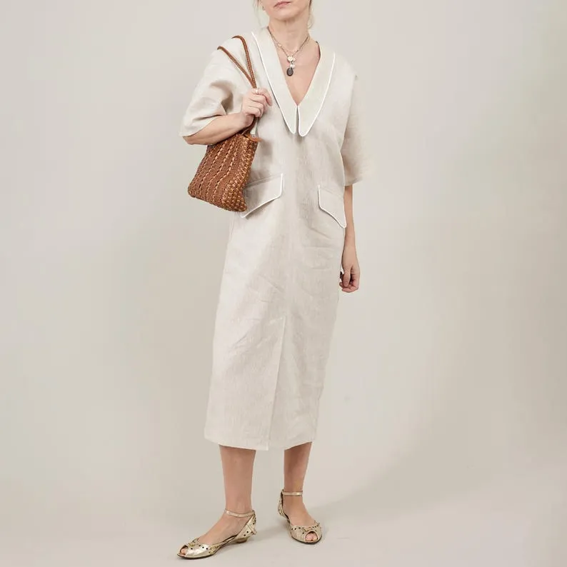 a Sophisticated Chic Out, Elegant Classy Neutral for Linen Looks Days Shift Advanced Dress Live chat Dress for