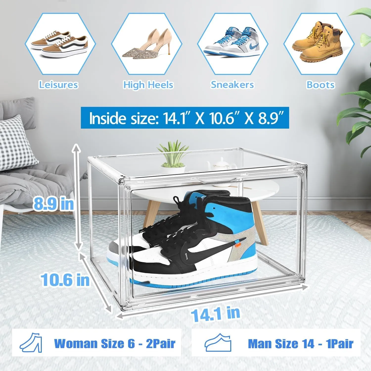 Acrylic Sneaker Shoe Display Case Transparent Shoe Box Storage Bins Clear Plastic Stackable Boot Handbag Organizer Containers with Lids, 1Pack Size 14