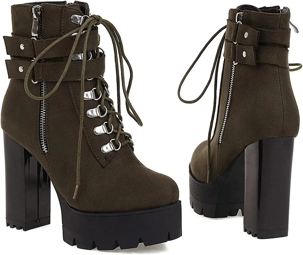 Agodor Women's Goth Platform Combat Booties Lace up Round Toe Chunky High Heel Gothic Ankle Boots
