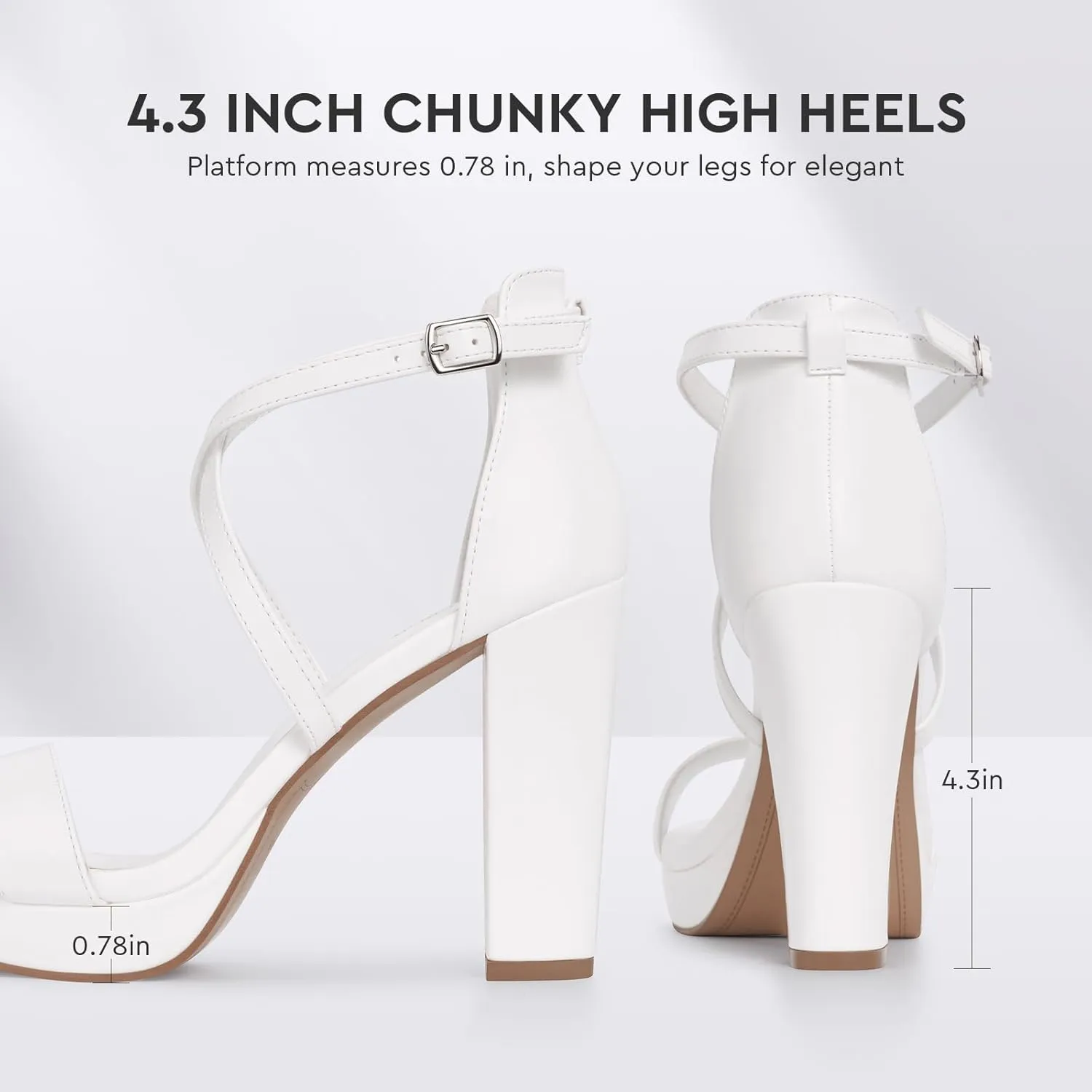 ALICEPUB White Platform Heels 4inch Chunky Block Heels for Women Strappy Open Toe High Heels Wedding Bridal Heels Comfortable Dressy Shoes