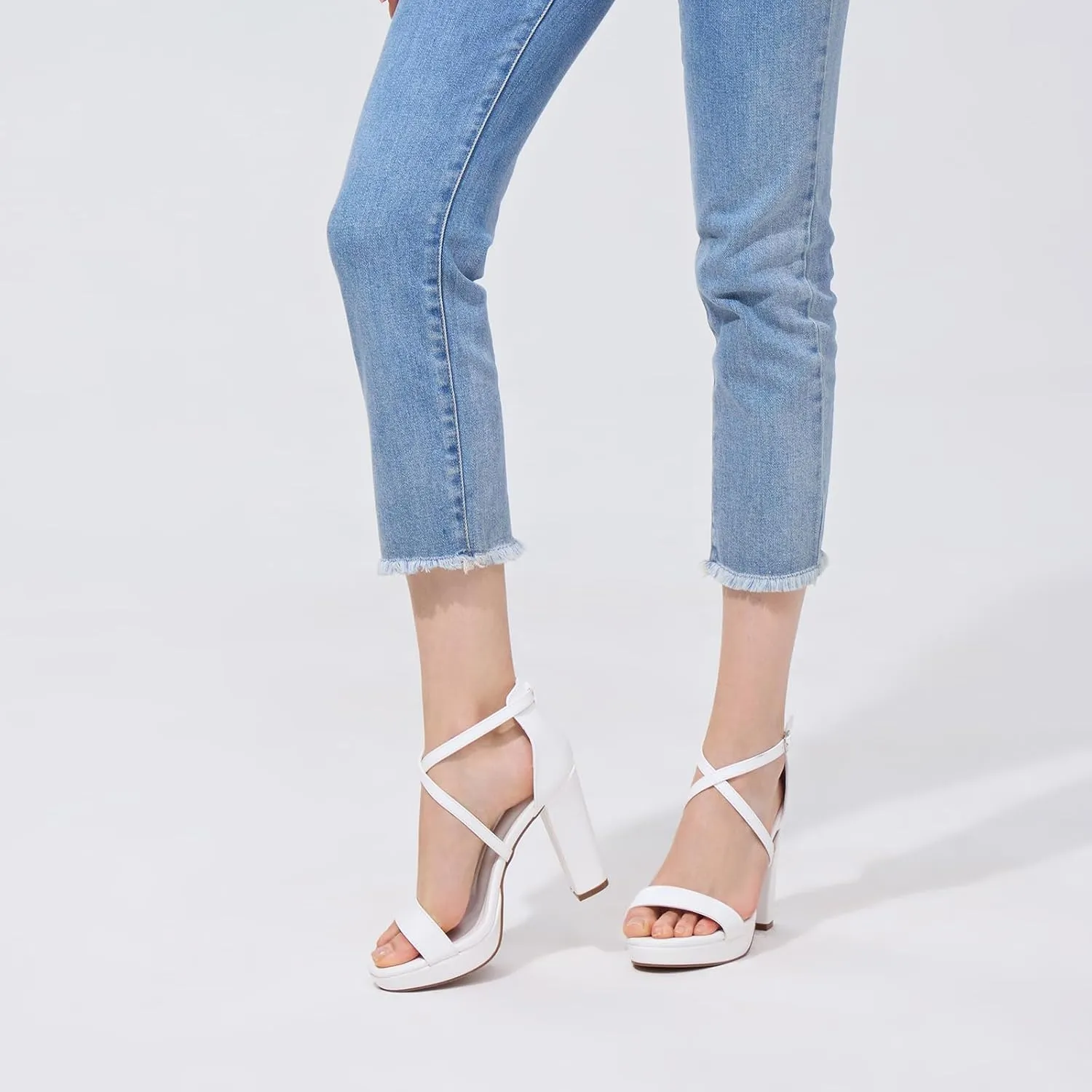 ALICEPUB White Platform Heels 4inch Chunky Block Heels for Women Strappy Open Toe High Heels Wedding Bridal Heels Comfortable Dressy Shoes