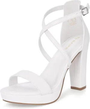 ALICEPUB White Platform Heels 4inch Chunky Block Heels for Women Strappy Open Toe High Heels Wedding Bridal Heels Comfortable Dressy Shoes
