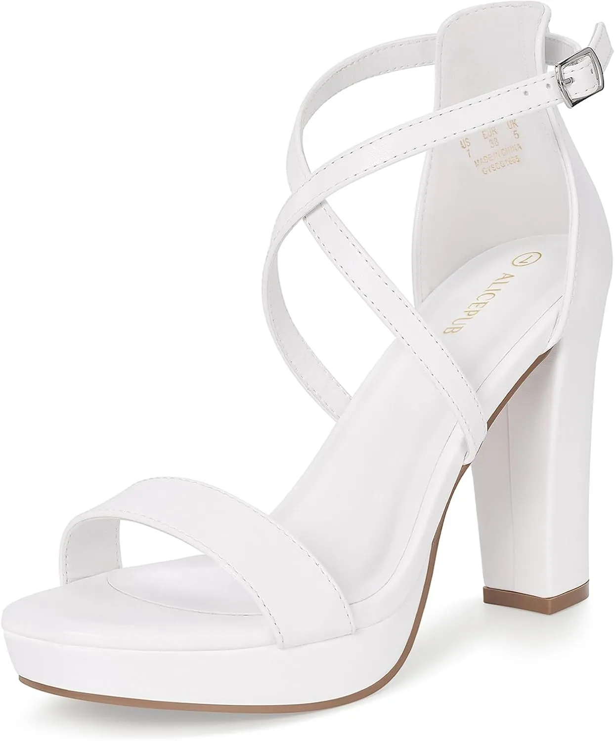 ALICEPUB White Platform Heels 4inch Chunky Block Heels for Women Strappy Open Toe High Heels Wedding Bridal Heels Comfortable Dressy Shoes