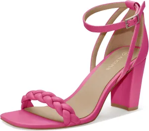 ALICEPUB Women's Braided Heeled Sandals 3 inch Chunky Block Heels Strappy Heels Square Open Toe Heels for Women Wedding Party Dressy