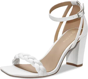 ALICEPUB Women's Braided Heeled Sandals 3 inch Chunky Block Heels Strappy Heels Square Open Toe Heels for Women Wedding Party Dressy