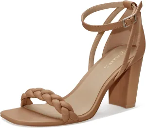 ALICEPUB Women's Braided Heeled Sandals 3 inch Chunky Block Heels Strappy Heels Square Open Toe Heels for Women Wedding Party Dressy