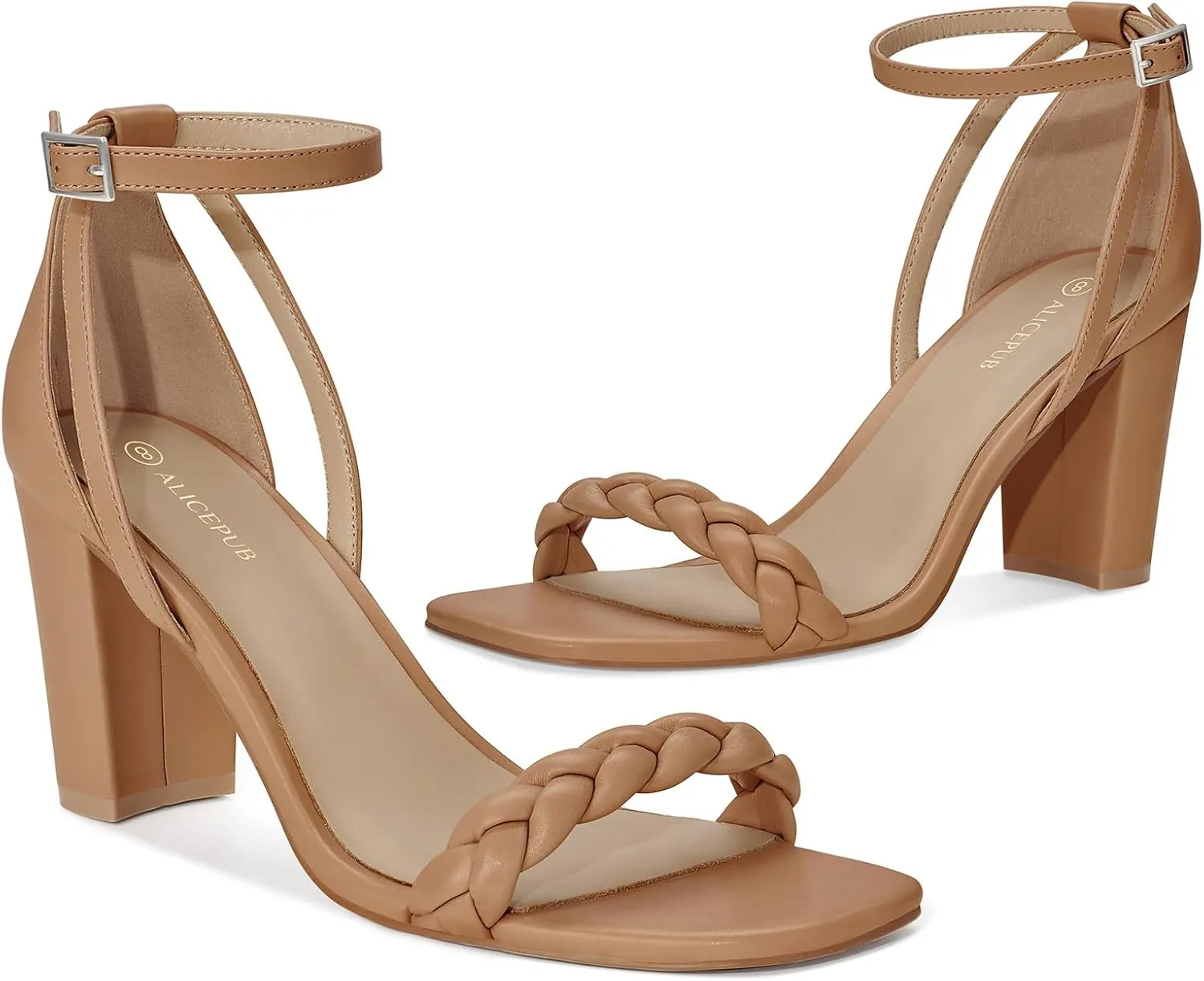 ALICEPUB Women's Braided Heeled Sandals 3 inch Chunky Block Heels Strappy Heels Square Open Toe Heels for Women Wedding Party Dressy