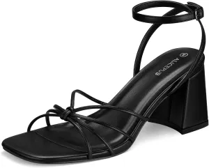 ALICEPUB Women's Strappy Heels Square Open Toe Heeled Sandals Chunky Block Heels Short Heels Comfortable Dress Shoes for Wedding Bridal Party