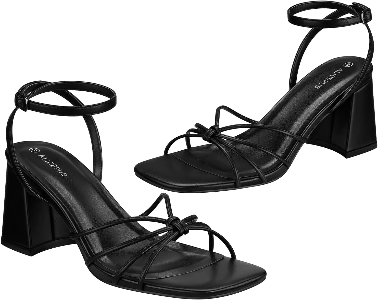 ALICEPUB Women's Strappy Heels Square Open Toe Heeled Sandals Chunky Block Heels Short Heels Comfortable Dress Shoes for Wedding Bridal Party