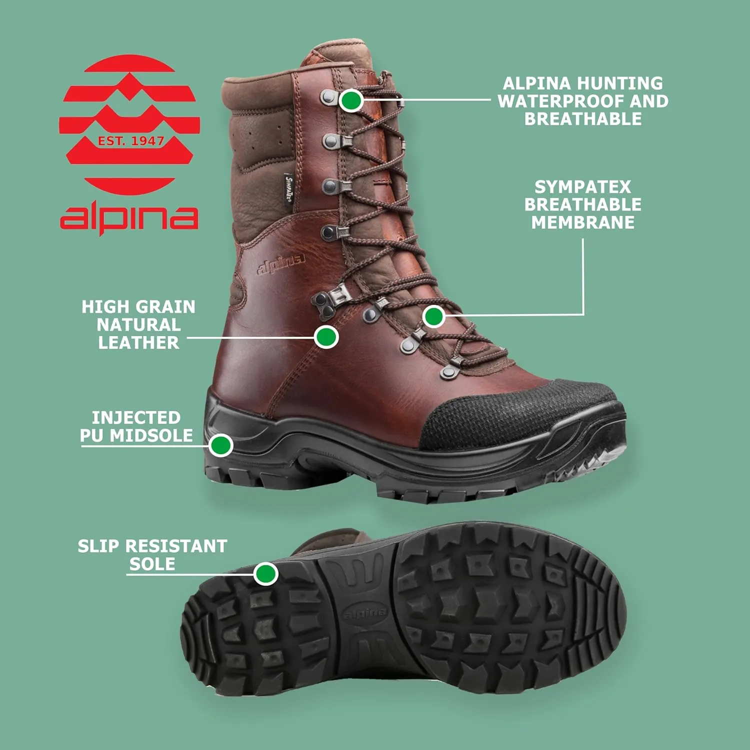 Alpina Men's Hunting Boots TRAPPER | Waterproof All Weather Leather Shoes | Sympatex Breathable Membrane | Slip Resistant Sole | Hand Made in Europe