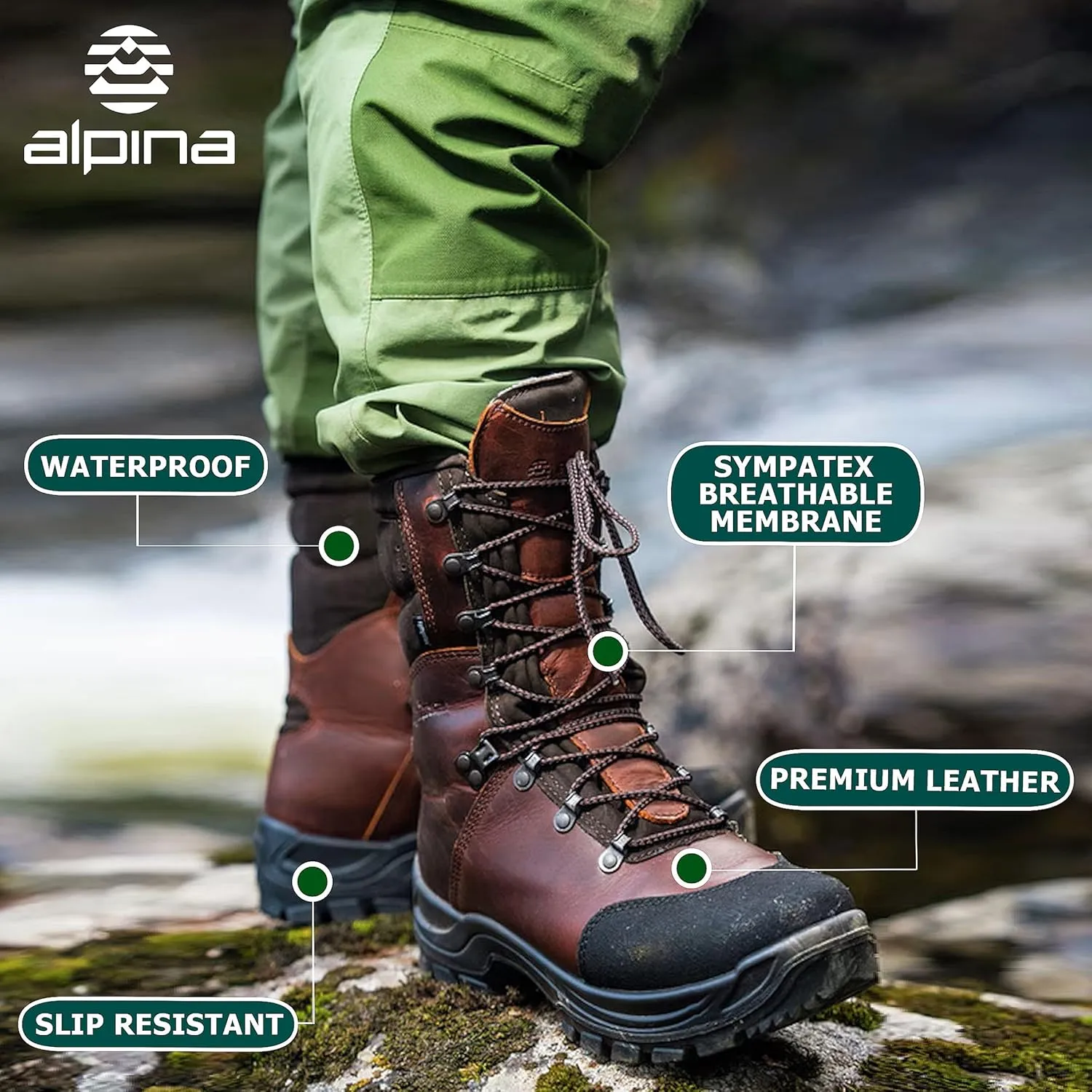 Alpina Men's Hunting Boots TRAPPER | Waterproof All Weather Leather Shoes | Sympatex Breathable Membrane | Slip Resistant Sole | Hand Made in Europe