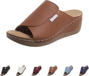Arch Support Slides Women Comfortable Orthopedic Leather Platform Wedge Sandals Summer Casual Walking Orthotic Slippers