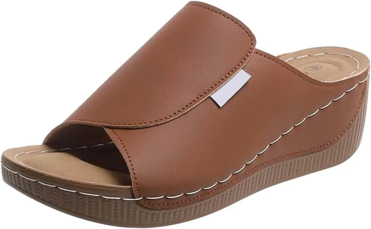 Arch Support Slides Women Comfortable Orthopedic Leather Platform Wedge Sandals Summer Casual Walking Orthotic Slippers