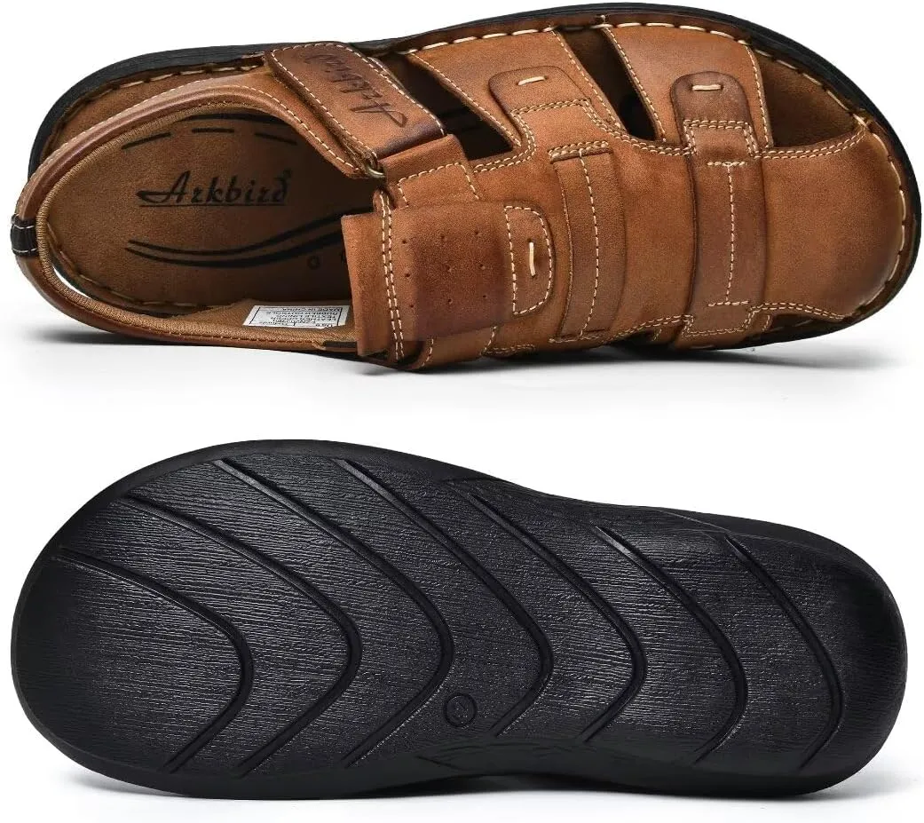 Arkbird Men's Sandals, Closed Toe Leather Fisherman Outdoor Hiking Sport Shoes Summer
