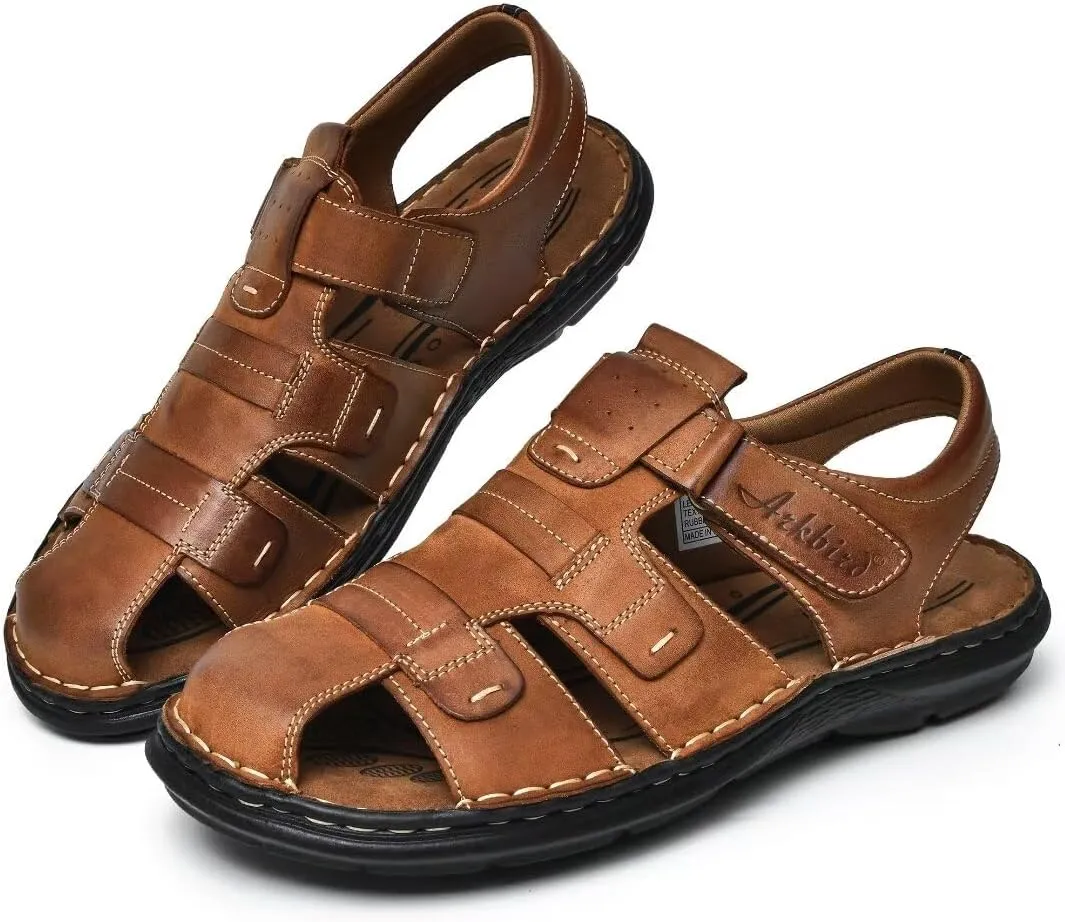 Arkbird Men's Sandals, Closed Toe Leather Fisherman Outdoor Hiking Sport Shoes Summer