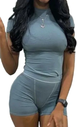 AYWA Two Piece Outfits for Women Fitted Crew Neck T-shirt High Waist Leggings Biker Shorts Matching Sets Streetwear