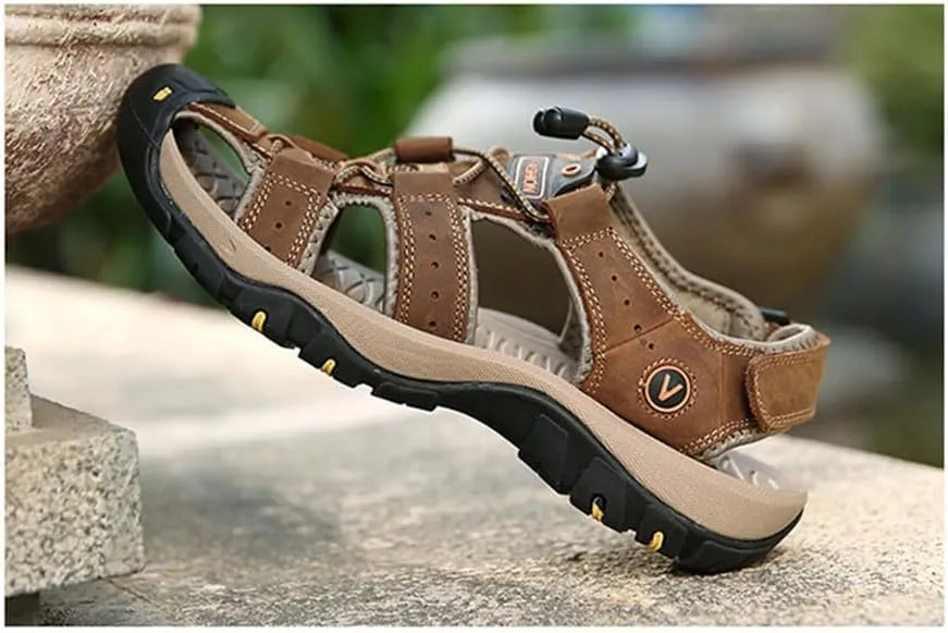 BaronHong Men Outdoor Hiking Sandals Summer Leather Walking Non-Slip Mountain Beach Trekking Sandals Creek River Shoes
