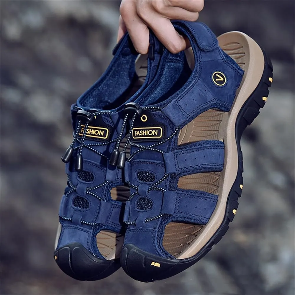 BaronHong Men Outdoor Hiking Sandals Summer Leather Walking Non-Slip Mountain Beach Trekking Sandals Creek River Shoes