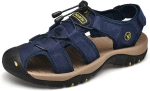 BaronHong Men Outdoor Hiking Sandals Summer Leather Walking Non-Slip Mountain Beach Trekking Sandals Creek River Shoes