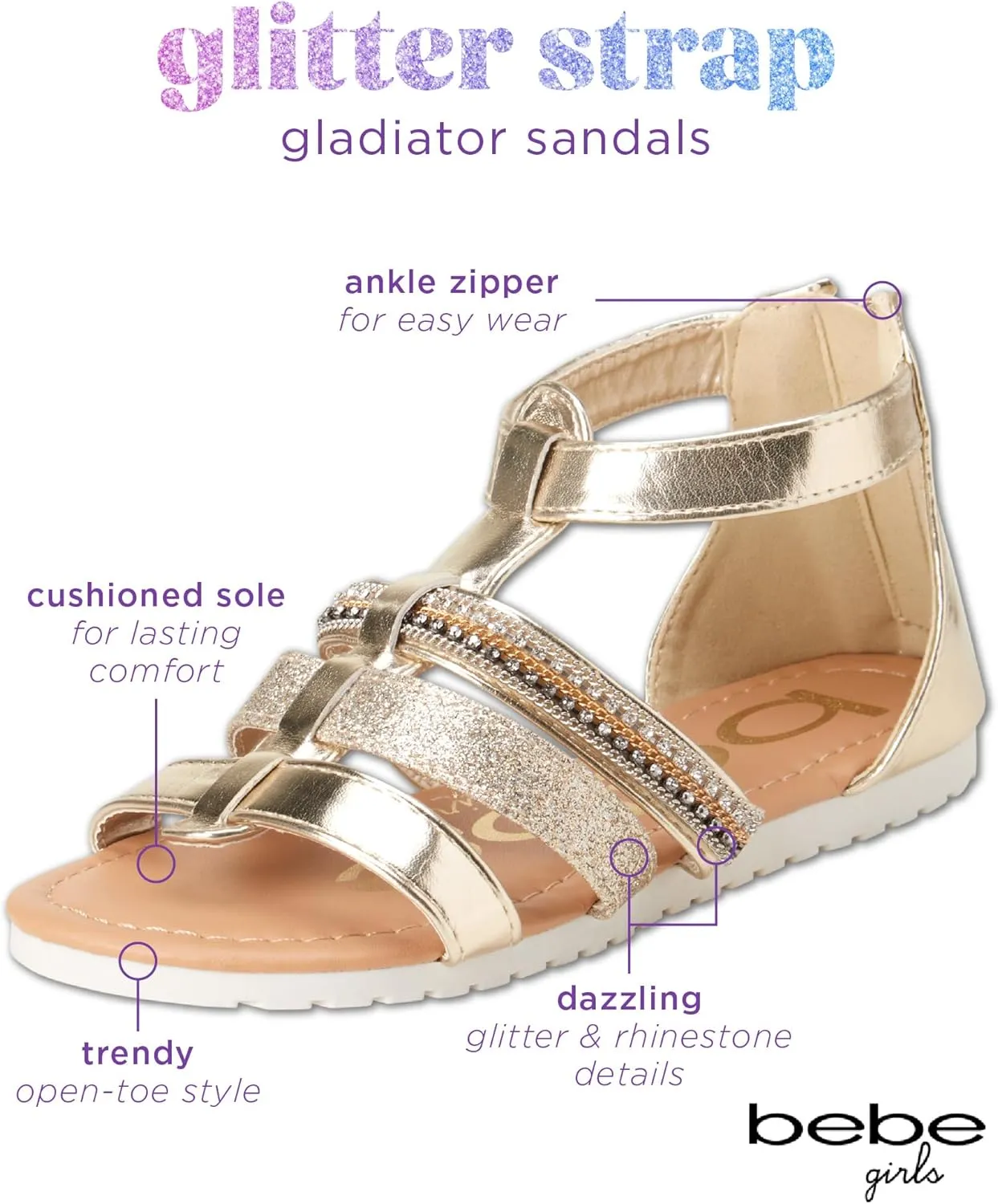 bebe Girls' Sandals - Open Toe Summer Shoes Cute Flat Strappy Gladiator Sandals with Ankle Zipper and Cushioned Sole