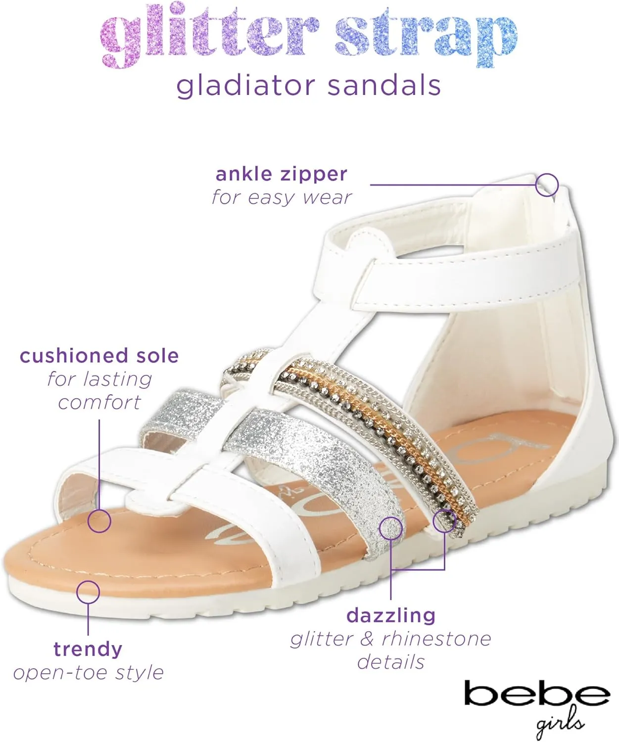 bebe Girls' Sandals - Open Toe Summer Shoes Cute Flat Strappy Gladiator Sandals with Ankle Zipper and Cushioned Sole