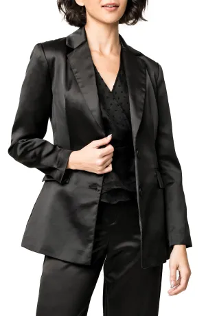 Black 2 Piece Notch Lapel Double Buttons Business Casual Satin Women's Suit