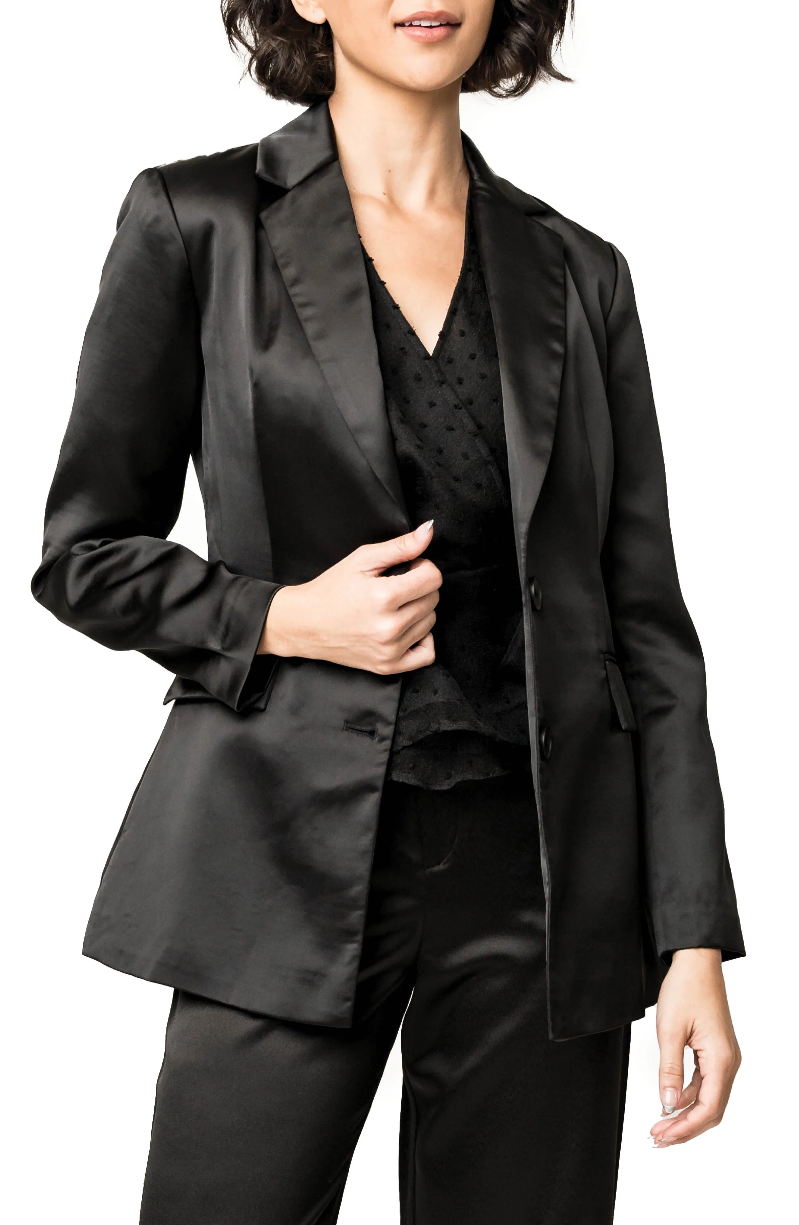Black 2 Piece Notch Lapel Double Buttons Business Casual Satin Women's Suit