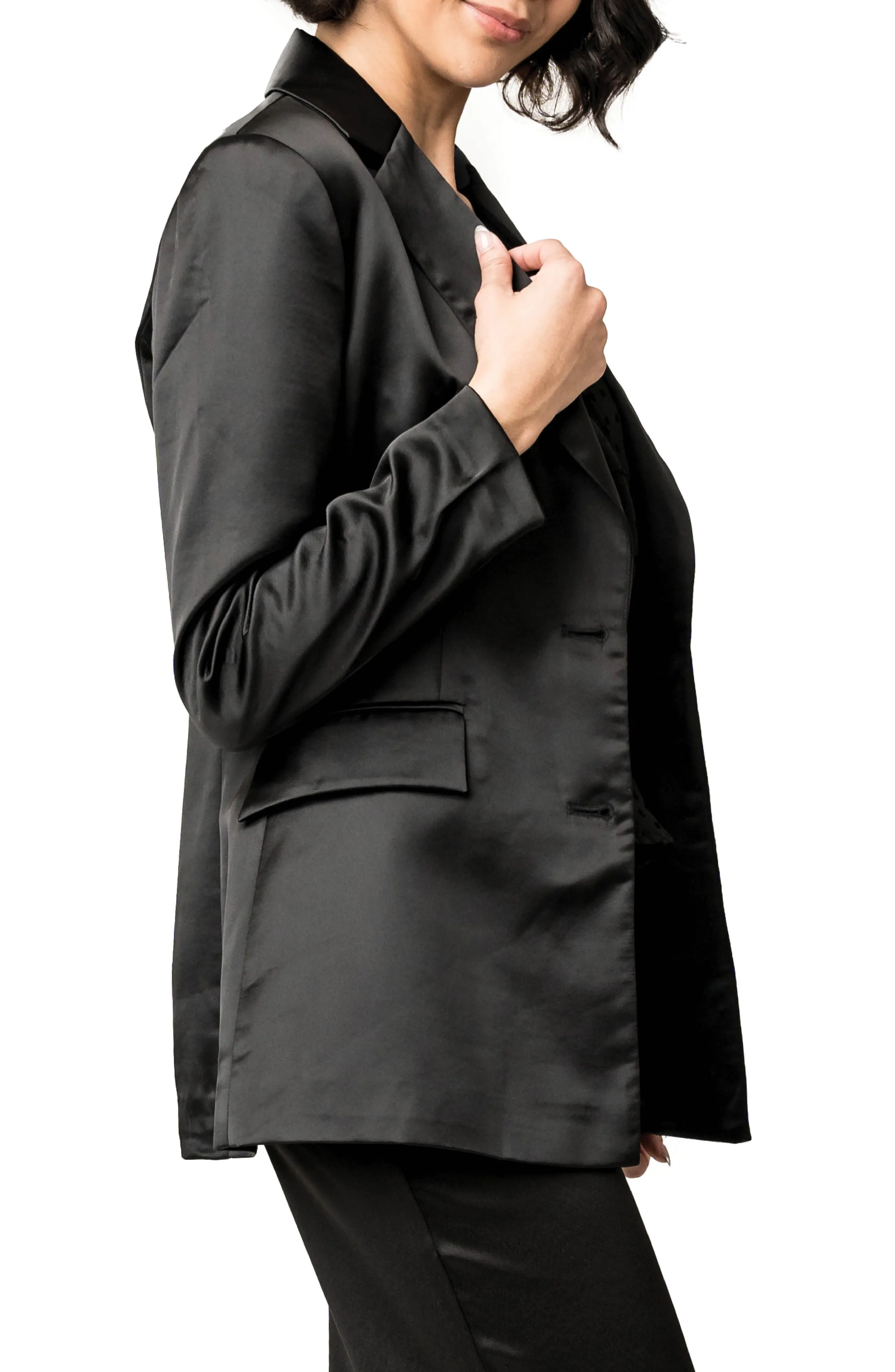 Black 2 Piece Notch Lapel Double Buttons Business Casual Satin Women's Suit